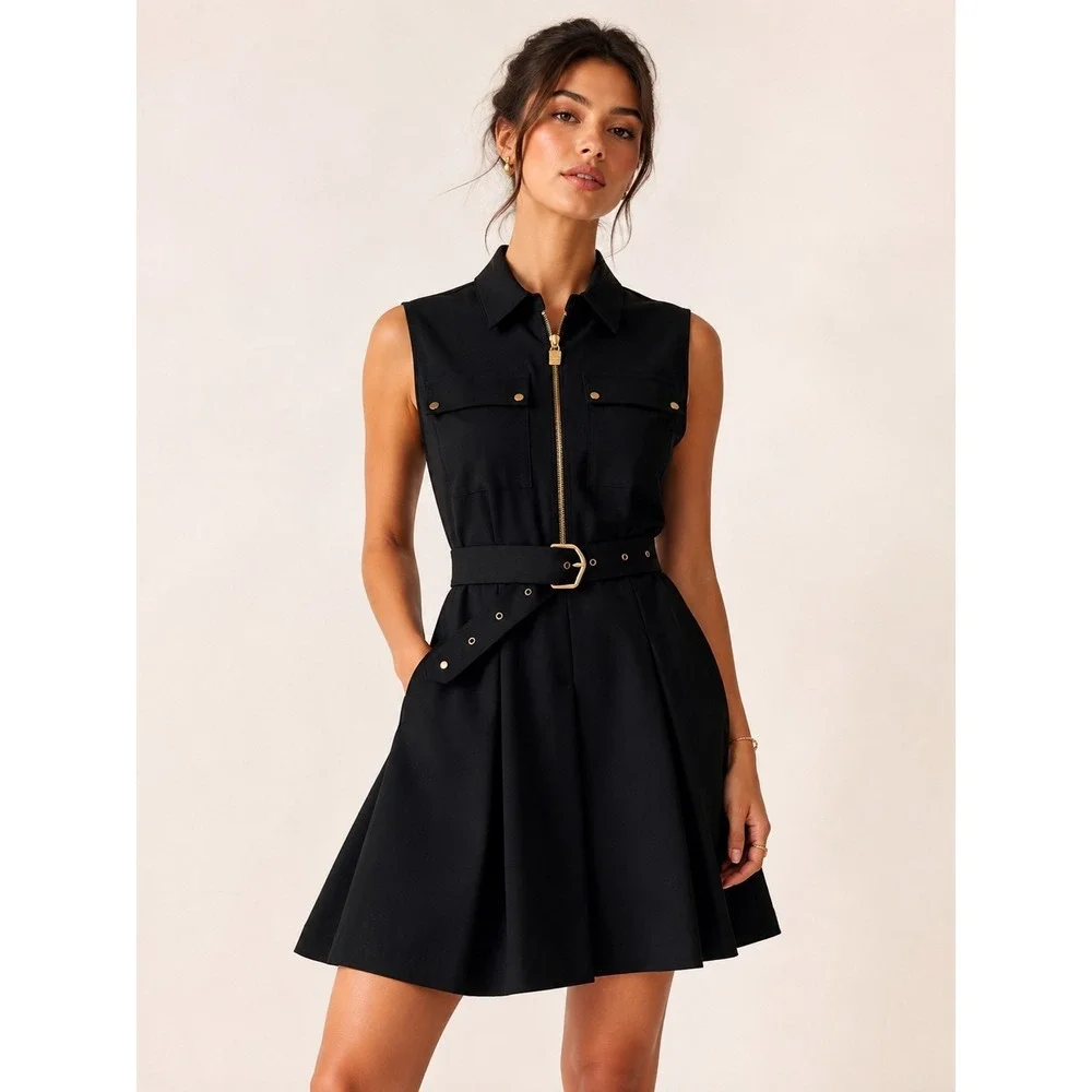 Michael Kors Belted Safari Shirtdress Sz P/L Black Quiet Luxury Workwear
